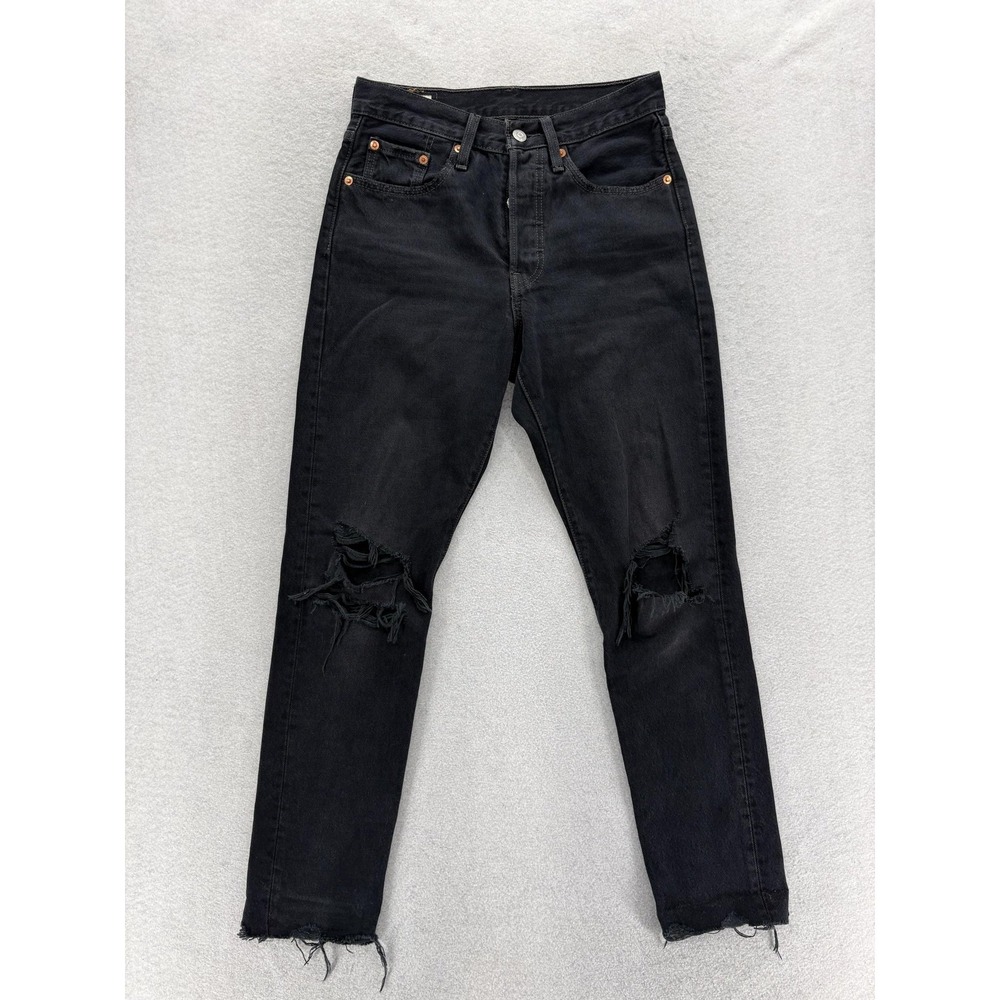 Levis Premium 501 Straight Jeans Womens 24 Black Charcoal High Rise Distressed